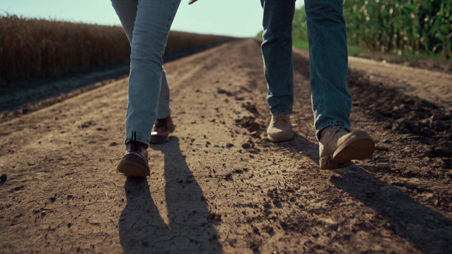 two people walking through farm field